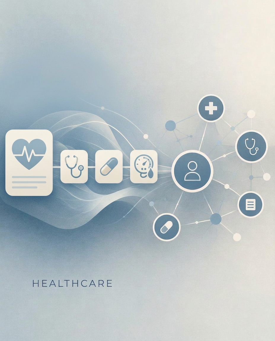 Healthcare workflow: a patient record with heart-rate, stethoscope, medication and blood-pressure readings flowing into a connected clinical network